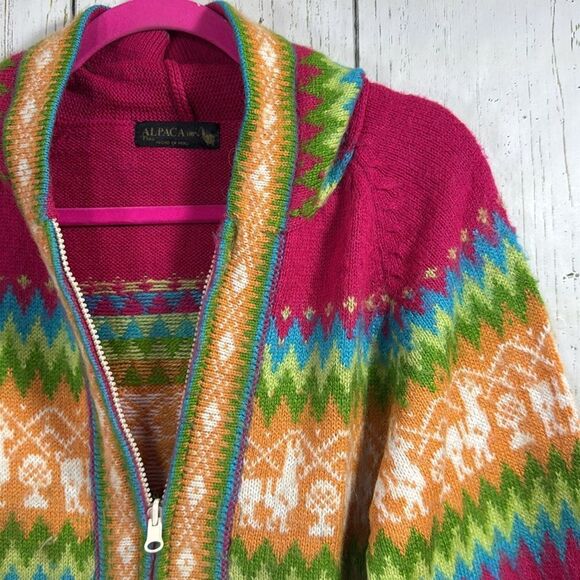 Alpaca Fina 100% Alpaca Handmade Peru Hooded Zip Sweater Cardigan Cozy Winter - Picture 4 of 15